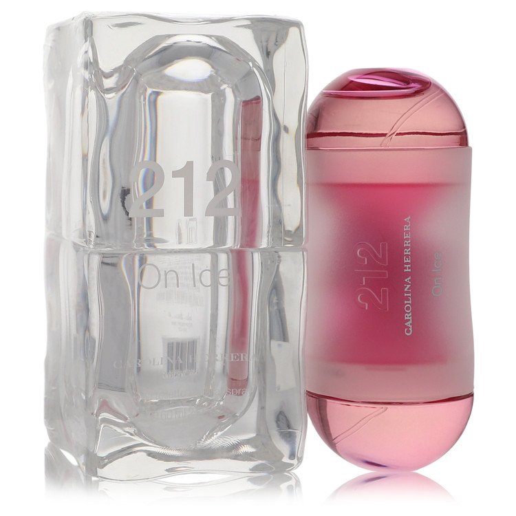 Pink perfume bottle with '212' branding next to its packaging on a white background