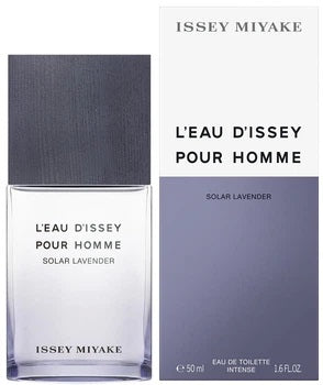 Issey Miyake L'EAU D'ISSEY POUR HOMME Solar Lavender fragrance shown with a clear bottle and its white retail box on a white background.