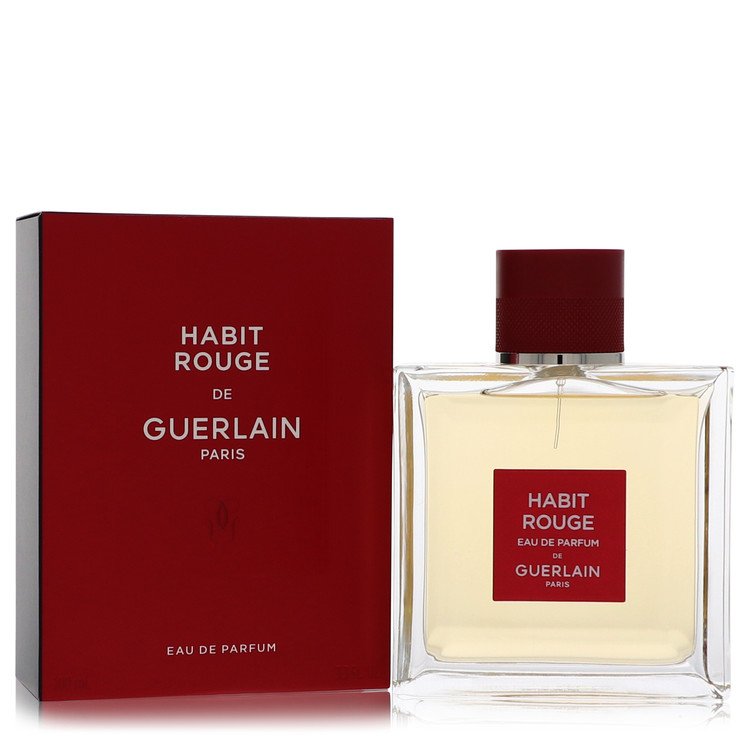 Guerlain Habit Rouge Eau de Parfum bottle next to its red packaging box on a white background.