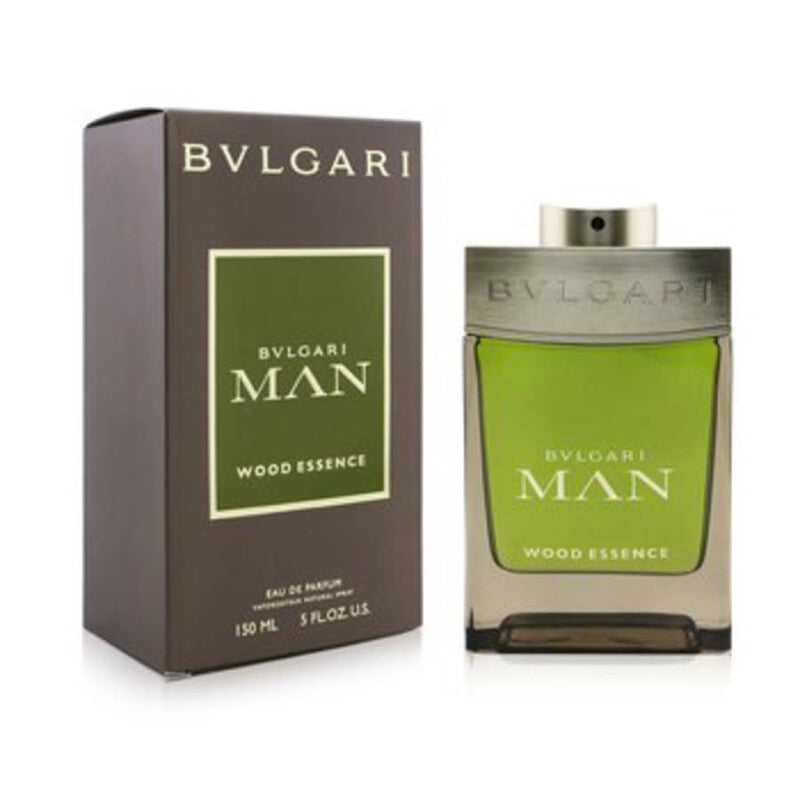 Bvlgari Man Wood Essence Eau de Parfum bottle and its dark brown packaging box, featuring an olive green liquid and metallic beige accents.