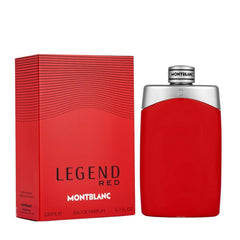 Montblanc Legend Red Eau de Parfum bottle and its red packaging box, displayed on a clean white background with a subtle reflection.
