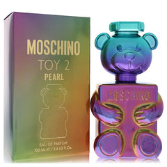 Moschino Toy 2 Pearl Eau de Parfum 100ml bottle and its packaging box. The bottle is shaped like a bear and features a vibrant purple, blue, and green gradient.