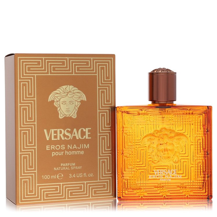 Versace Eros Najim pour homme perfume bottle and its packaging box, both in a warm amber-brown color with gold geometric patterns and the iconic Medusa head logo.