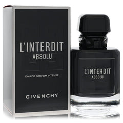 Givenchy L'Interdit Absolu Eau de Parfum Intense, featuring a black glass bottle with a black cap next to its black and silver packaging box.