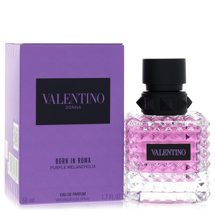 Valentino Donna Born in Roma Purple Melancholia Eau de Parfum bottle with a textured pink liquid and black cap, shown next to its purple and black packaging box.