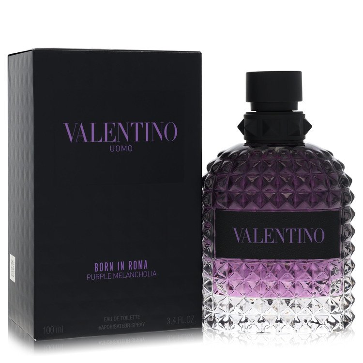 Valentino Uomo Born in Roma Purple Melancholia Eau de Toilette bottle and packaging box. The bottle is a textured, faceted purple glass with a black cap and a black label.