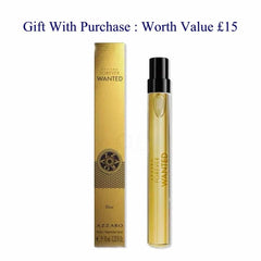 A 10ml travel spray vial of Azzaro Forever Wanted Eau de Toilette next to its gold packaging box, with promotional text 'Gift With Purchase : Worth Value £15' at the top.
