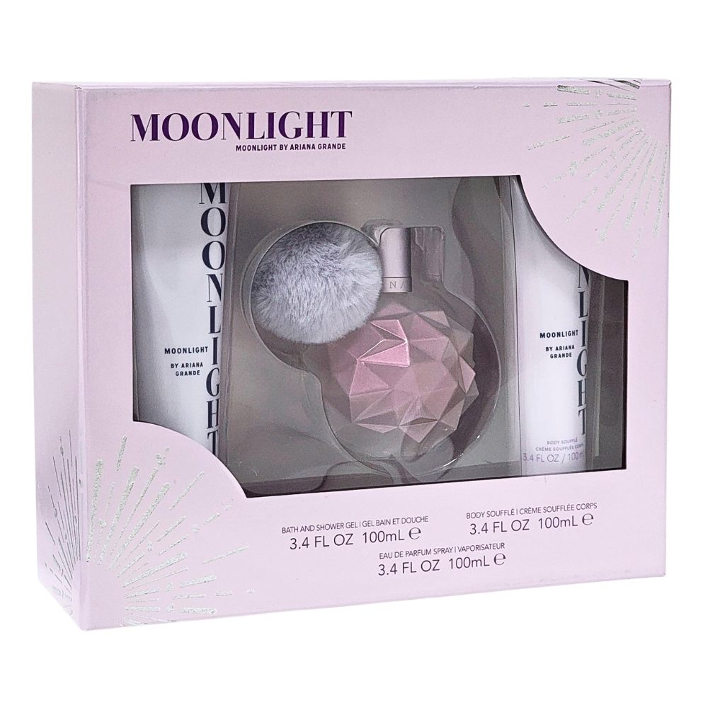 Ariana Grande Moonlight 3pc Women Gift Set   100ml EDP + 120ml Body Mist + 100ml Body Souffle set  - Just Perfume
