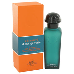 Hermes Concentre d'Orange Verte perfume bottle and packaging on a white background