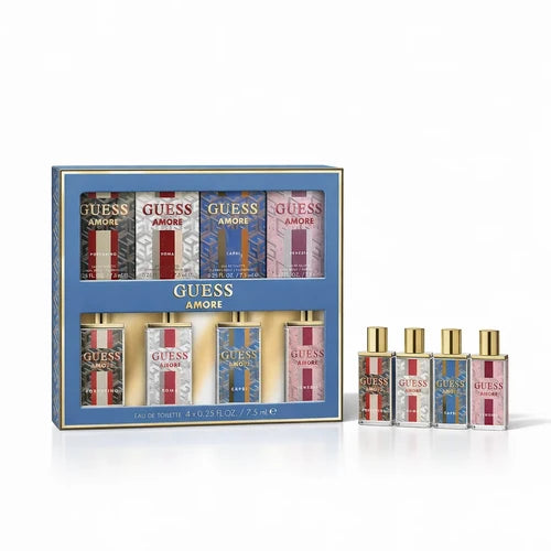 Guess Amore perfume set with packaging on a white background