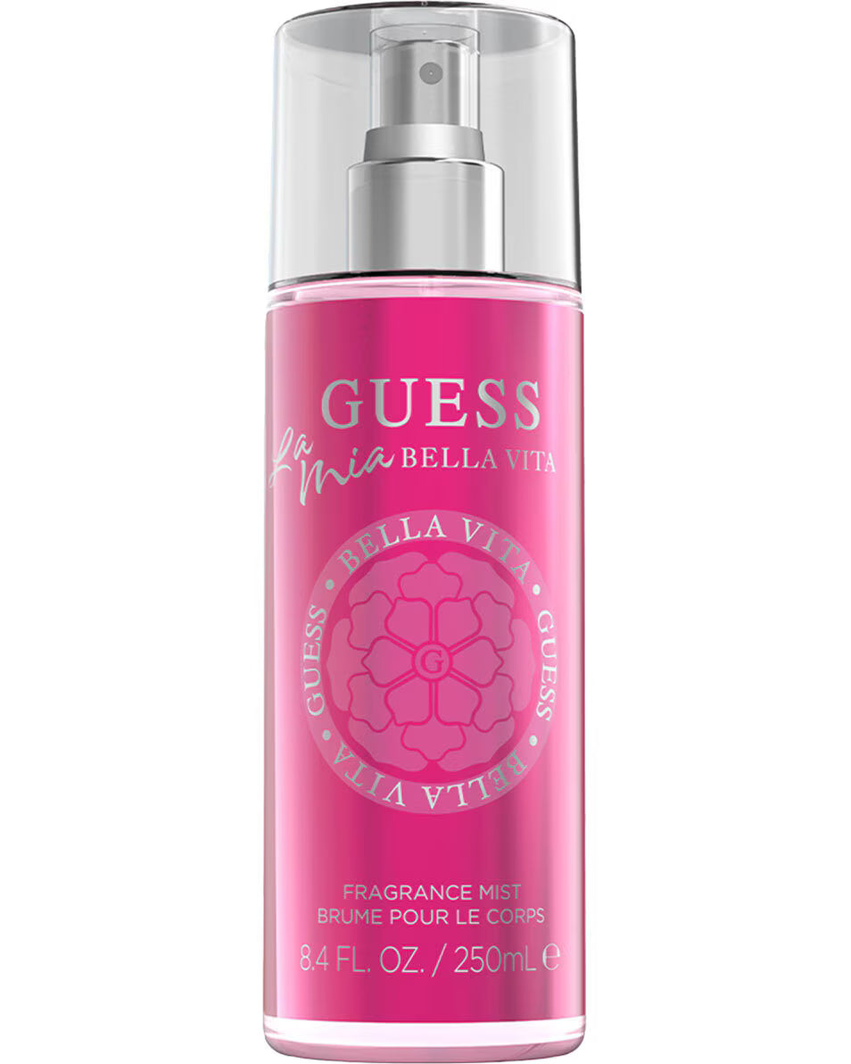 Pink Guess Bella Vita fragrance mist bottle on a white background