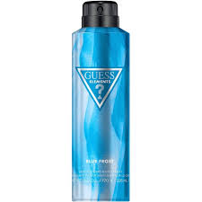 Guess Hair Spray Blue Force in a tall blue aerosol can with a black spray nozzle and a blue triangular Guess logo on the front, set against a plain white background.