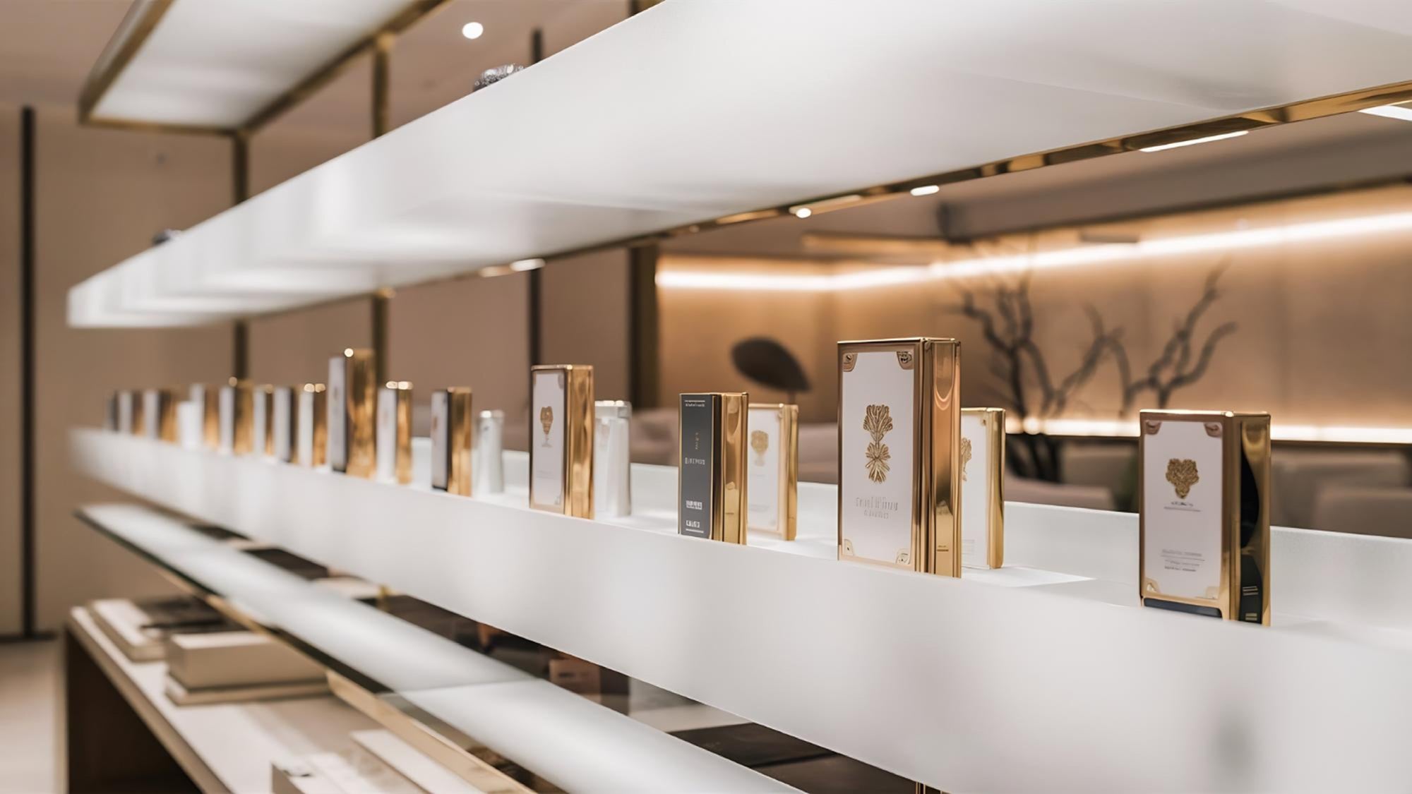 Shelves with decorative boxes in a showroom setting