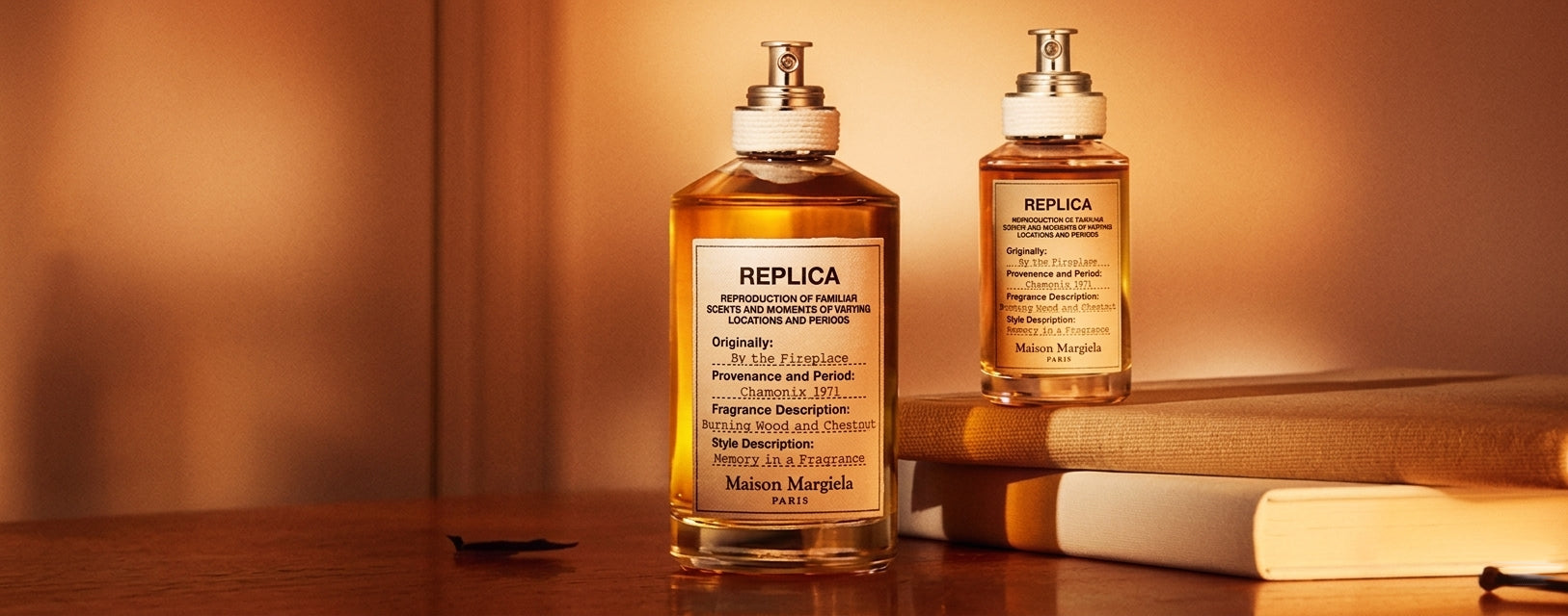 Two replica bottles on a wooden surface with a warm background