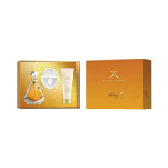 Kim Kardashian 'Praise' fragrance gift set, featuring a clear glass perfume bottle with amber liquid, a round white body wash container, and a white lotion tube, displayed next to its orange and gold packaging box on a white background.