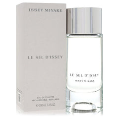 Issey Miyake Le Sel D'Issey refillable eau de toilette spray bottle with a reflective silver cap next to its light gray packaging box.