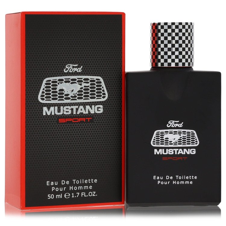 Ford Mustang Sport Eau De Toilette 50ml bottle and its red and black packaging box, featuring the Ford logo and Mustang grille branding.