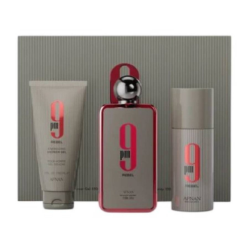 Afnan 9pm Rebel 3pc Set   100ml EDP Spray + 150ml Shower Gel + 150ml Deo Spray set  - Just Perfume