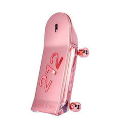 Pink perfume bottle with '212' logo on a white background