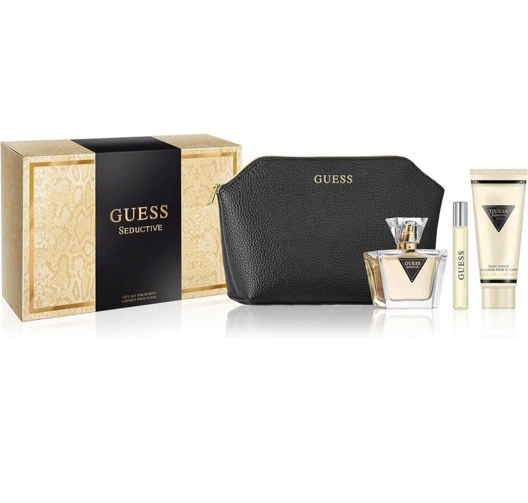 Guess Seductive (L) 4pc Set EDT 75ml + Purse Spray 15ml + Body Lotion 100ml + Toiletries Bag - Just Perfume