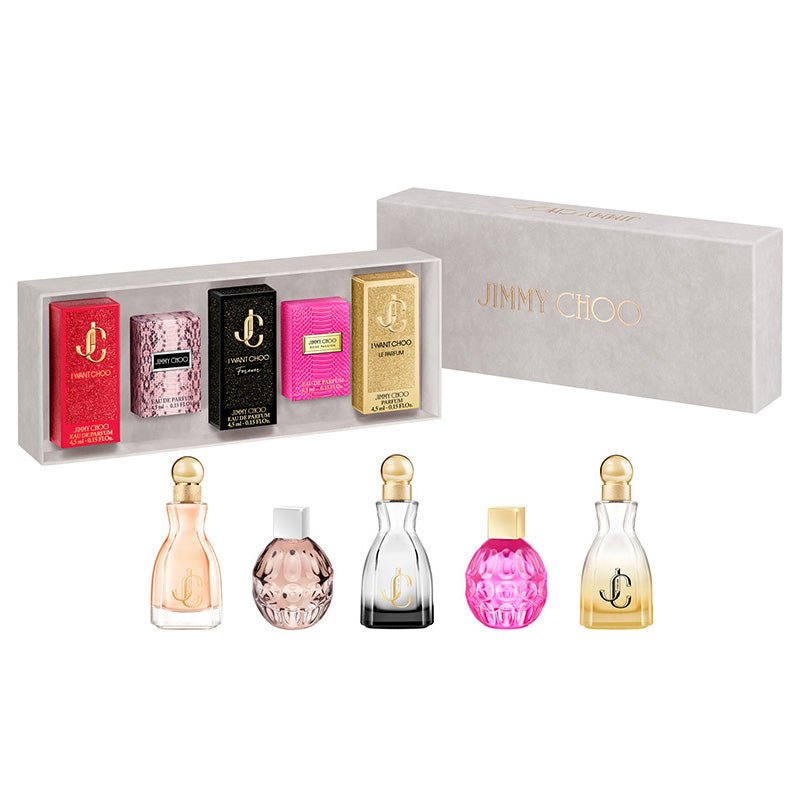 Jimmy Choo 5 Pcs Mini Set For Women: I Want Choo 4.5 ml Parfum + Rose Passion 4.5 ml Eau De Parfum + I Want Choo Forever 4.5 Ml Eau De Parfum + 4.5 Ml Eau De Parfum + I Want Choo 4.5 ml Eau De Parfum - Just Perfume