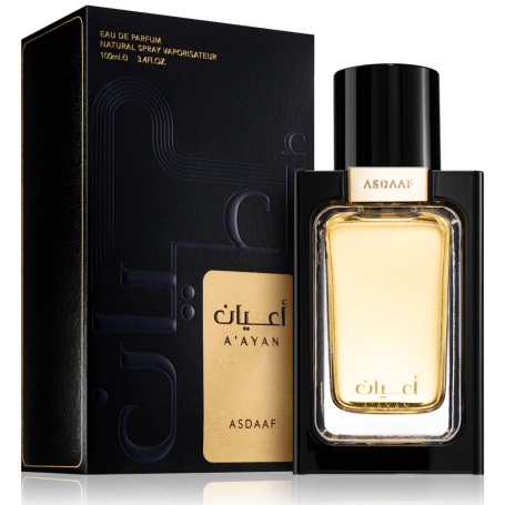 A bottle of ASDAAF A'Yayan Eau de Parfum with its black packaging box, featuring a golden-amber liquid and gold lettering on a white background.