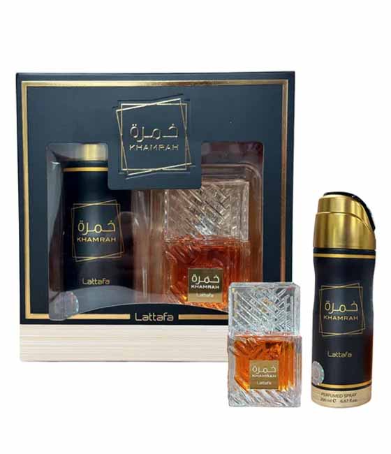 Lattafa Khamrah 2 Pcs Giftset With 100ml EDP + 200ml Perfumed Spray - Just Perfume