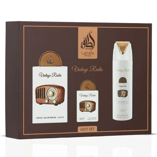 Lattafa Pride Vintage Radio 4 Pcs Gift Set With 100ml EDP + 20ml EDP + 200ml Perfumed Spray - Just Perfume