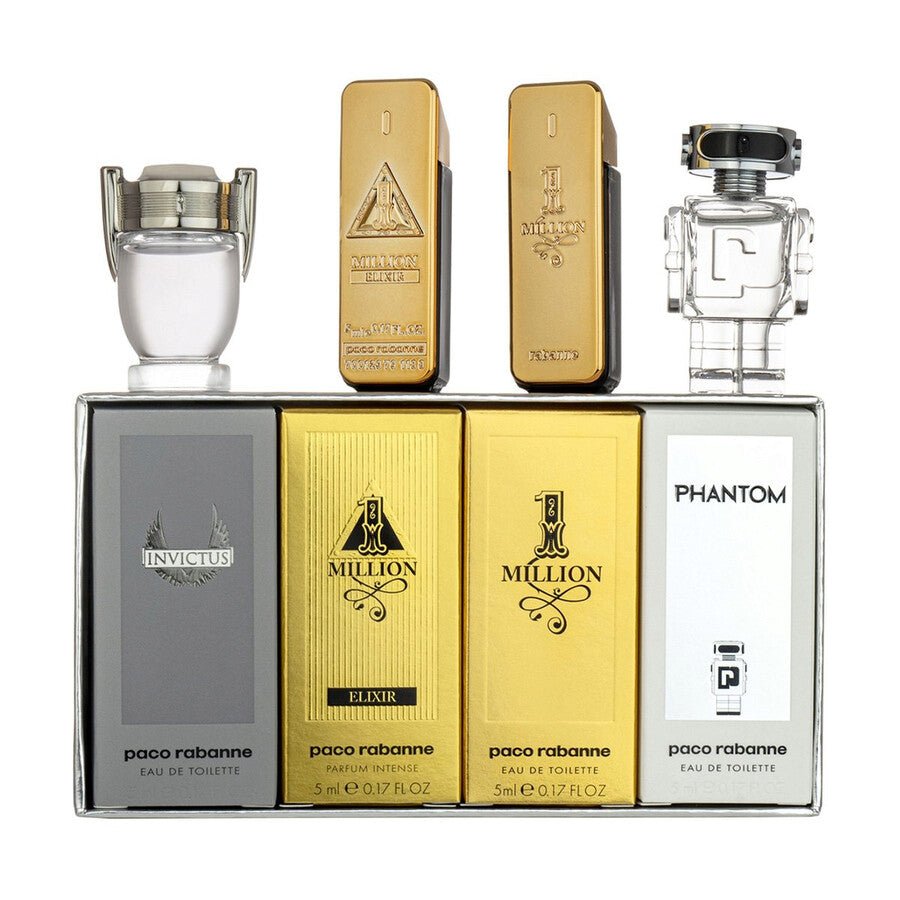 PACO RABANNE 4 PCS MINI SET FOR MEN: ONE MILLION EDT 5ML + ONE MILLION ELIXIR INTENSE EDP 5ML + INVICTUS EDT 5ML + PHANTOM EDT 5ML - Just Perfume