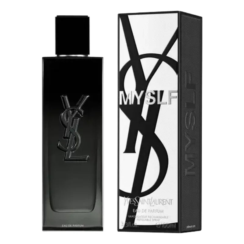 Black YSL perfume bottle and packaging on a white background